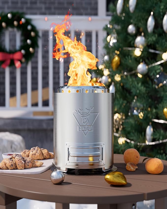 YEFU Tabletop Fire Pit 9.7 x 7.1 in, Flame Intensity Control Camping Stove for Outdoor & Patio, Fueled by Pellets or Wood, Safe Burning Table Top Firepit, with Travel Bag & 2 Mini Sticks, Silver