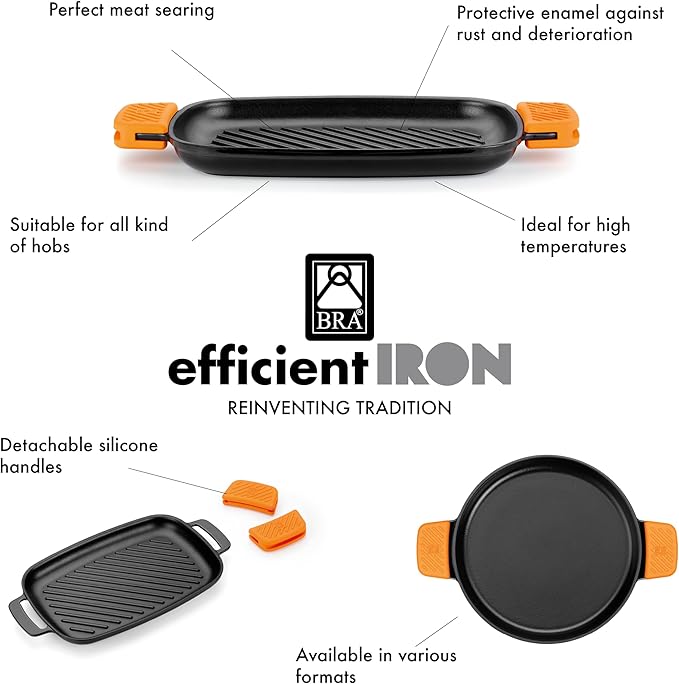 BRA COOKWARE Efficient Iron Rectangular Ribbed Grill | 13 inches x 8.7 inches Cast Iron Rectangular Griddle | All Heat Sources Compatible | PFOA Free | W/o Non-Stick | Silicon Handle | Non Deformable