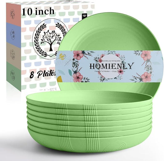 Homienly Wheat Straw Plates Set, 10 inch Deep Dinner Plates, Unbreakable Plates for Kitchen, Camping, 8 PCS Lightweight Round Plates, Microwave and Dishwasher Safe Plate Set - Light Green