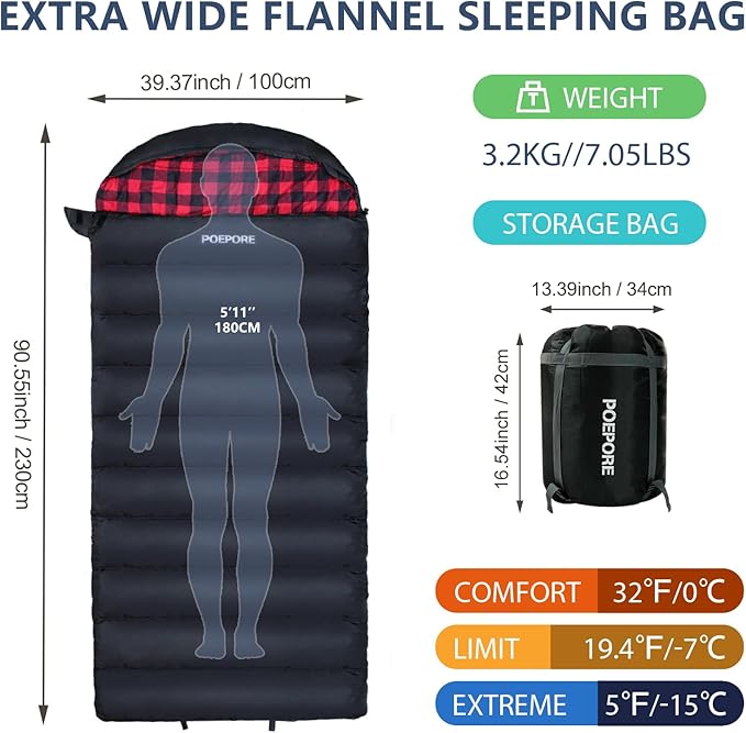 0 Degree Sleeping Bag 100% Cotton Flannel XXL Cold Weather Winter Oversized Sleeping Bag for Adults Camping Zero Degree Big and Tall with Compression Sack