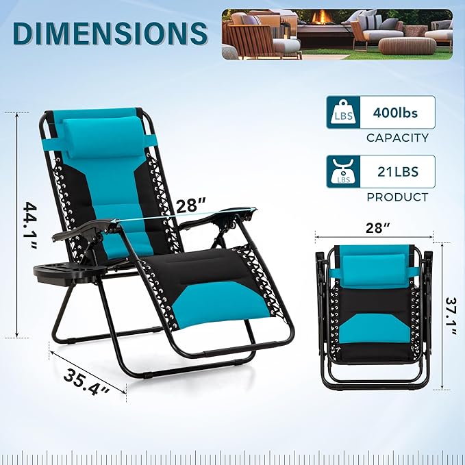 MFSTUDIO Padded Zero Gravity Chair Set of 2, Folding Patio Lounge Recliner with Adjustable Pillows & Cup Holder for Poolside Backyard, Support 400lbs(Pacific Blue)
