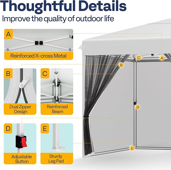 VIVOHOME 8x8ft Easy Pop-Up Canopy, Outdoor Screen Tent with Mosquito Netting, 2 Zipper Doors, and Roller Bag for Yard Camping Picnic Party Events, White