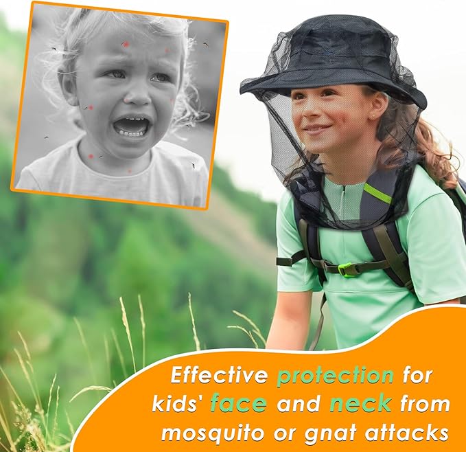 Premium Kids Mosquito Head Net for Insect, 2 Pack, Fly & Bug Protection | Ultra Large & Long, Extra Fine Holes for Camping, Hiking, Fishing, Safari, Fits All Hats for 5-12 yrs Children