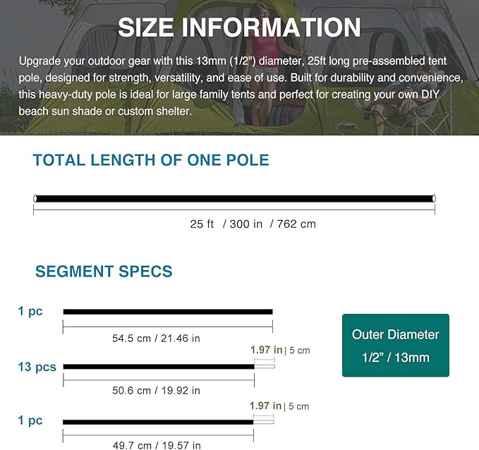 Aluminum Tent Poles Replacement, Black Pre-Assembled Tent Pole, 7001 T6 Heated Camping Tent Rod