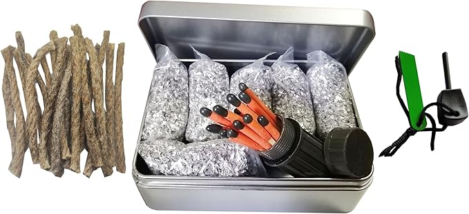 Fire Starter Kit – 6 Magnesium Shaving Packs + Waterproof Windproof Matches in Metal Tin – Emergency Fire Making Kit for Camping, Hiking, Survival, Prepping