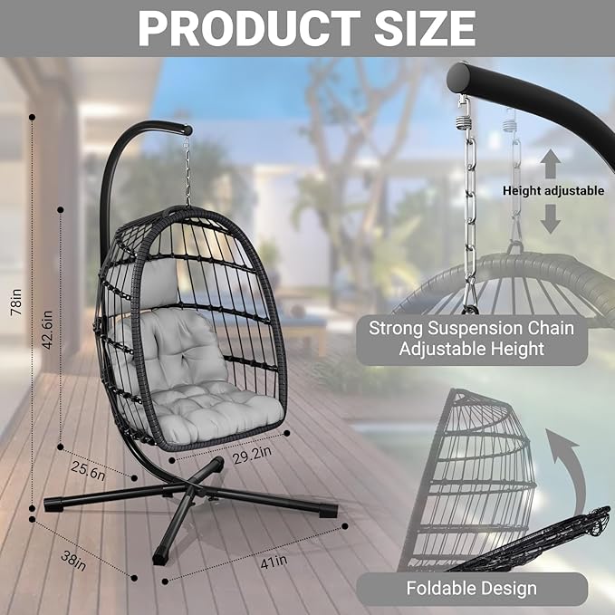 Egg Chair with Stand,Patio Rattan Wicker Hanging Swing Egg Chair Hammock Chair for Bedroom Porch Garden,Thickened Aluminum Alloy Steel Frame and UV Resistant Cushion,350LBS Capacity