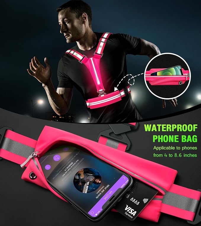 LED Reflective Vest Running Gear Set,USB Rechargeable Light Up Running Vest for Runners Night Walking with Waterproof Phone Bag,High Visibility Armband,Adjustable Waist&Shoulder for Men Women