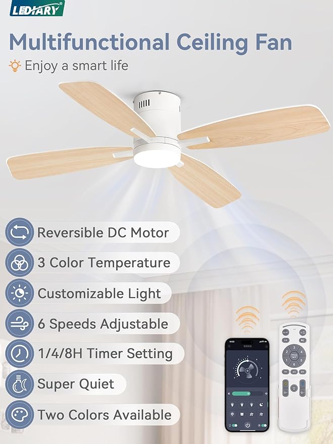 LEDIARY 52 inch Ceiling Fans with Lights and Remote Control,Flush Mount Ceiling Fan with Quiet Reversible DC Motor,White Modern Low Profile Ceiling Fan with Light for Bedroom Living Room Patio