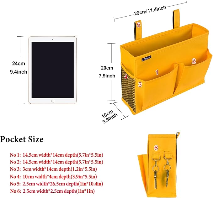Surblue Bedside Caddy Hanging Bed Organizer Storage Bag Pocket for Bunk and Hospital Beds, College Dorm Rooms Baby Bed Rails, Camp 4 Pockets and 2 Hooks (Small, Yellow)
