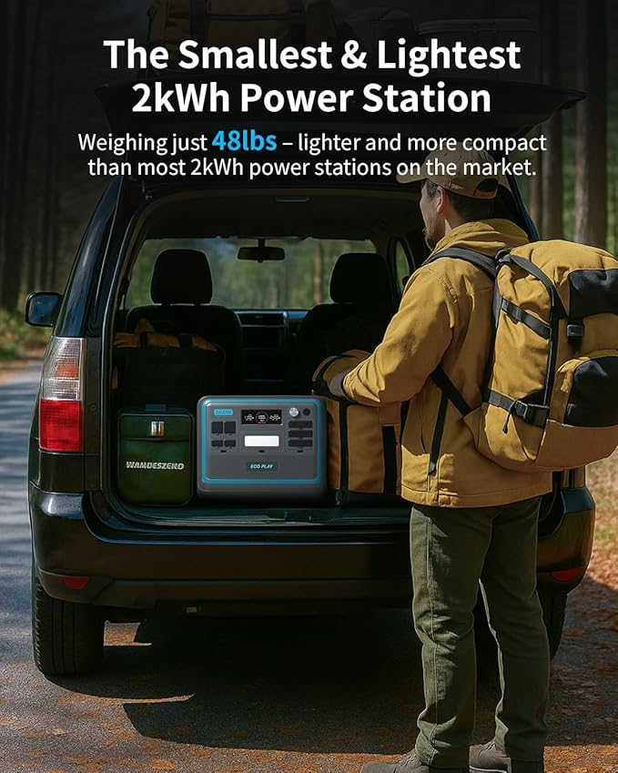 Ecoplay SYD2400 Portable Power Station, 2048Wh LiFePO4 Battery Backup, 2400W Solar Genarator with 500W Solar Input, Adjustable Input Power for Camping, Power Outages, Emergency, RV