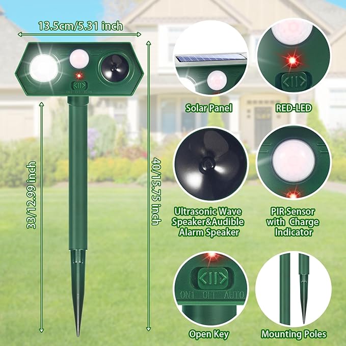 2 Pack Ultrasonic Solar Animal Repellent Cat Deterrent Outdoor,Deer Repellent with Motion Sensor Strobe Light,Waterproof Animal Repeller for Raccoon Squirrel Rabbit Dog Skunk,Yard Garden Protection