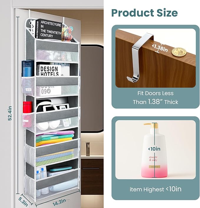 Over The Door Organizer with 8 Side Mesh Pockets, 44lb Weight Capacity Hanging Behind The Door Bathroom Organizers and Storage Suitable for Storing Toys, Shoes, Towels, Grey, 5 Shelf