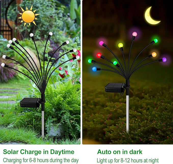Kohlrabi Solar Garden Lights Outdoor, 6 Pack 60 LED Solar Firefly Lights Waterproof, Sway by Wind, Swaying Light for Yard Patio Backyard Garden Planter Flower Bed Pathway Outdoor Decoration