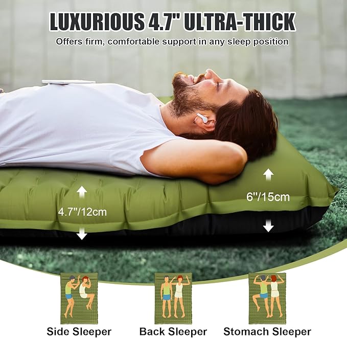 Double Sleeping Pad, Self Inflating 4.7'' Extra Thick for 2 Person Built-in Pump, Portable Camping Mattress Sleeping Mat for Backpacking Hiking Tent Travel