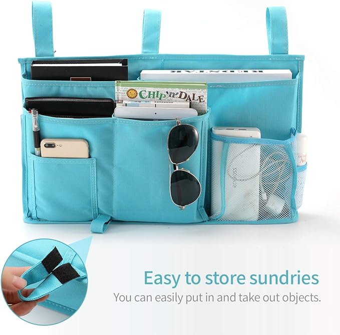 Bseash Bunk Bed Organizer, Bedside Caddy Hanging Bed Organizer Storage Bag 8 Pockets, for College Dorm Rooms Bed, Hospital Bed, Baby Bed Rails, 600D Oxford Cloth (Light Blue)