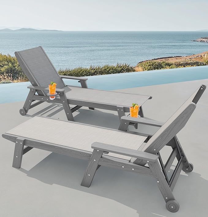 SERWALL Patio Chaise with 5 Positions - Textilene Outdoor Lounge Chair, Rolling Wheels - Poolside, Deck, Grey
