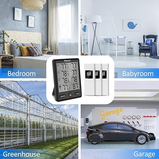 Geevon Indoor Outdoor Thermometer Wireless with 3 Remote Sensors, Digital Hygrometer Thermometer, Wireless Temperature Humidity Monitor Gauge with 200FT/60M Range (Black)
