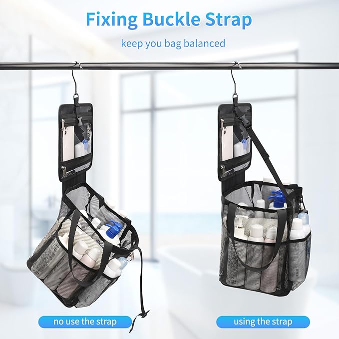 Mesh Shower Caddy Portable, Quick Dry Hanging Toiletry Bag for College Dorm Essentials with 4 Pockets/Divider/Plastic Bottom, Travel Tote Bag for Camping, Bathroom, Beach, Swimming, Gym