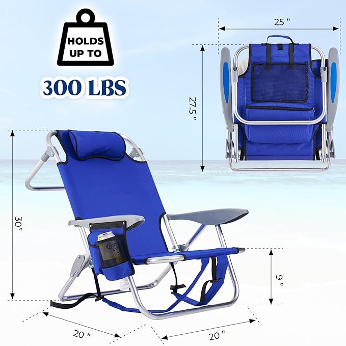 2 Pack Lightweight Portable Camping Beach Chair for Adults, Outdoor Lay Flat Folding Beach Chairs with 5 Positions, Backpack Beach Chair with Towel Bar, Zipper Pouch, Cup Holder, Blue