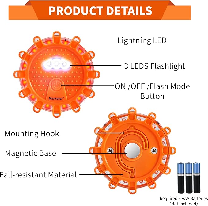6-Pack LED Road Flare Car Emergency Kit,Magnetic Base & Hook Road Flares Safety Light With 9 Flashing Modes,Roadside Flares Emergency Lights For Vehicles (6 Pack)