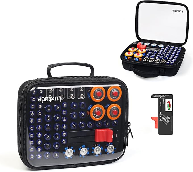 Luxtude Battery Storage Organizer, Clear Battery Organizer Storage Case with Tester,Hard Batteries Holder, Portable Batteries Case Organizers, Home Drawer Caddy (Black)