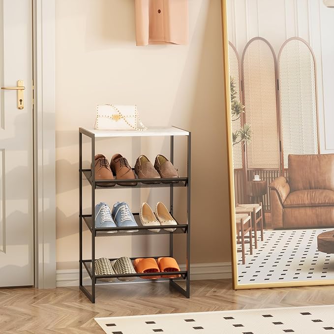 Garden 4 you 4 Tiers Narrow Shoe Rack,Small Space Freestanding Shoe Storage Organizer with White Wooden Tabletop,Adjustable Metal Shelf Stackable Shoe Shelf for Entryway Hallway Living Room Closet