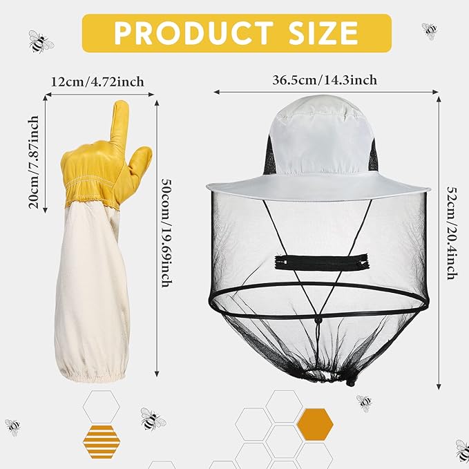 Xuhal Bee Keeping Hats and Gloves Includes Thick Goatskin Leather Bee Gloves with Ventilated Sleeves and Bee Keeper Fencing Veil Mosquito Hats Sun Hat with Hidden Net Mesh Mask