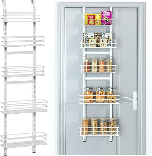 Adjustable 5-Tier Over the Door Pantry Organizer, Spice Rack, Narrow Hanging Shelf for Kitchen Storage and Organization (White)