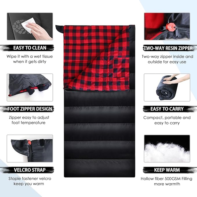 0 Degree Sleeping Bag Cotton Flannel Winter Cold Weather for Adults XXL Sleeping Bag 4 Season Big and Tall with Pillow Compression Sack
