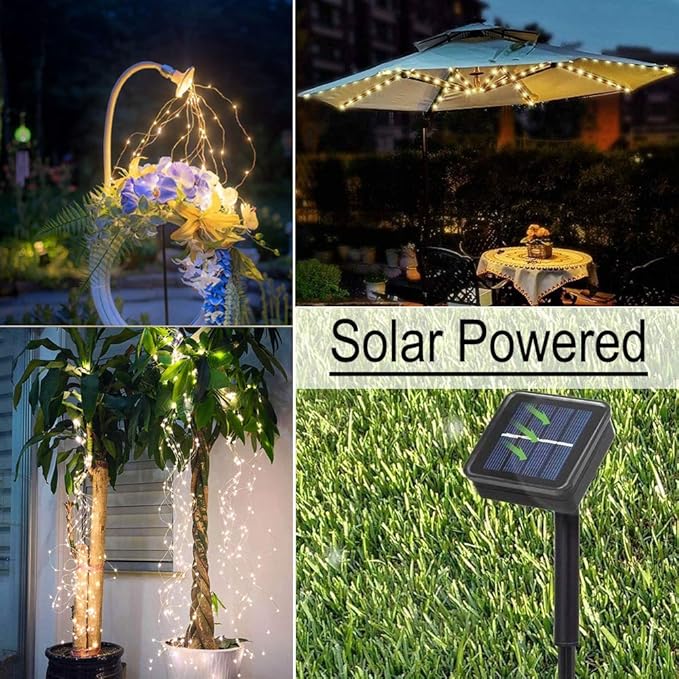 Solar Fairy String Lights Outside, Multi Strand 180 LEDs Watering Can Light for Outdoor, Waterproof Solar Powered Waterfall Lights, Firefly Bunch Lights for Garden Decor, Warm White