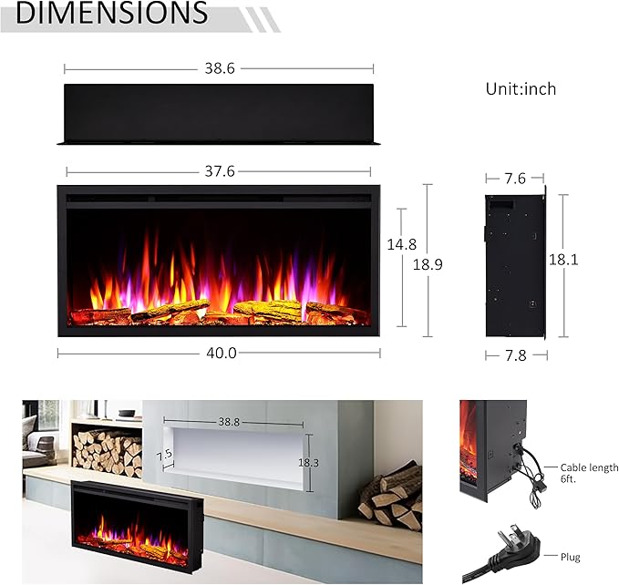 LegendFlame 40" W Smart Wall Mount & in Wall Recessed Electric Fireplace Insert, Heater 750W/1500W, Multi Colors of Flame & Fuel Bed, Alexa/Google Assistant Enabled