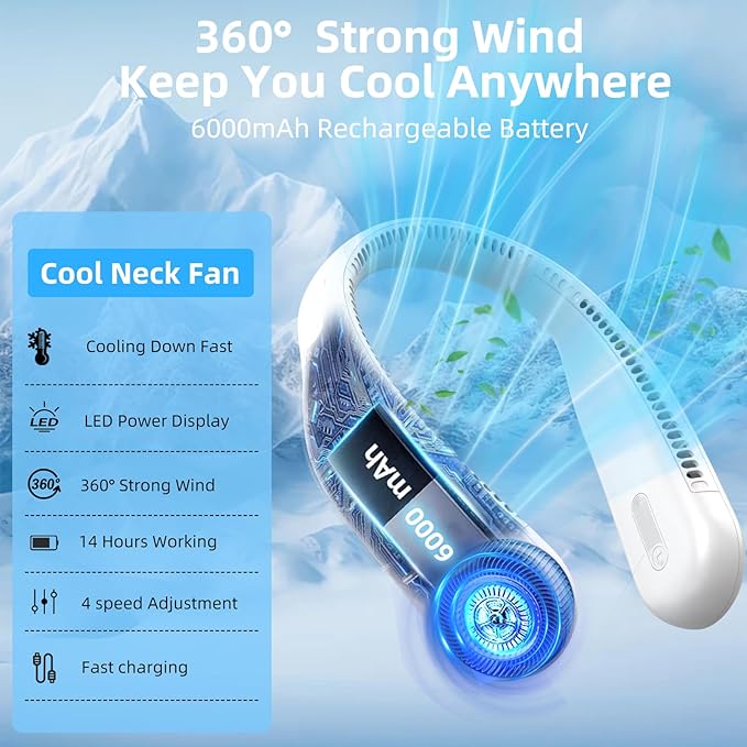 Portable Neck Fan,Gift Ideas,Personal Wearable Bladeless Fan,360° Cooling,LED Display,4-Speeds,6000mAh Rechargeable,Powerful Wind,Outdoor Travel Camping,Birthday Gifts for Men Women Dad Mom (White)