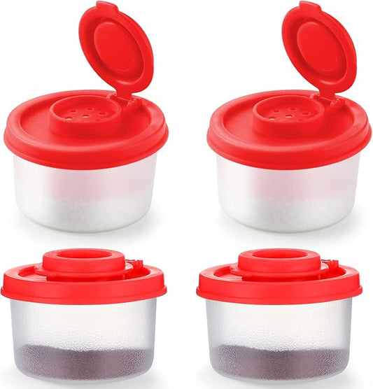 4 Pcs Salt and Pepper Shakers Set Mini Plastic Pepper Shaker with Lid Damp Proof Popcorn Containers Clear Spice Jars Salt Shaker for Travel Camping Picnic Lunch Dining Kitchen (Red, Small)