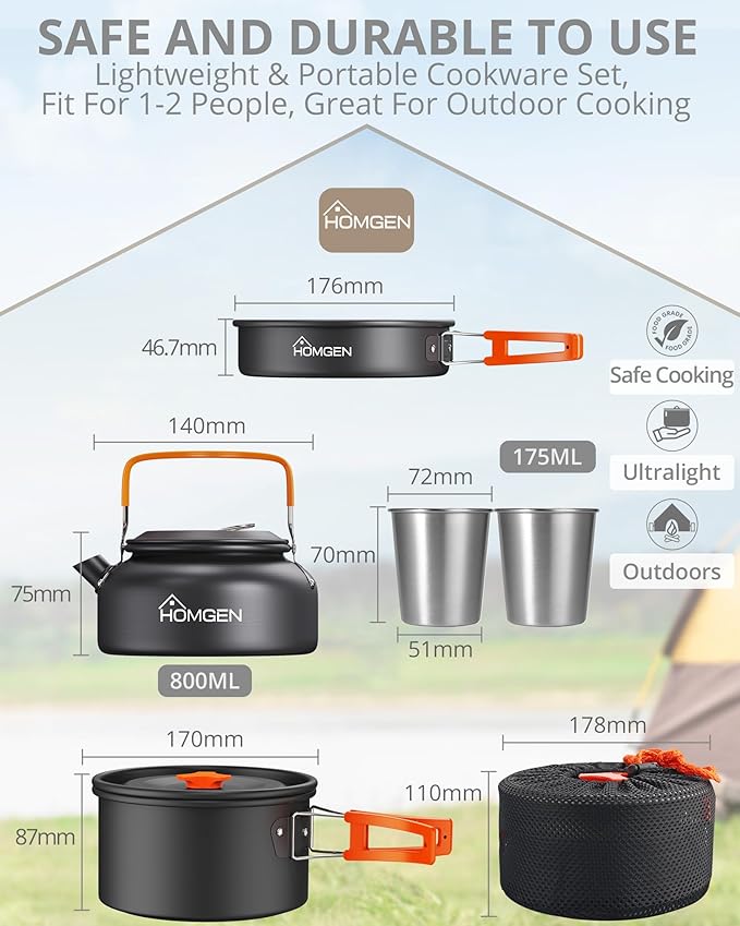 HOMGEN 12-Pieces Ultralight Anodized Aluminum Camping Cookware Set for 2 People - Nesting Pot/Pan with Foldable Handles 800ml Insulated Teapot & Stainless Cups - Compact Backpacking Gear for Camping