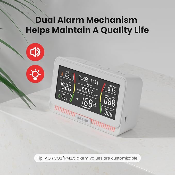 10-in-1 Air Quality Monitor with WiFi App Alerts | CO2, PM2.5, HCHO, TVOC Detector | 6.1" HD Display & 2Y Data Storage | Wall/Desk Mount for Home, Office, School (White)