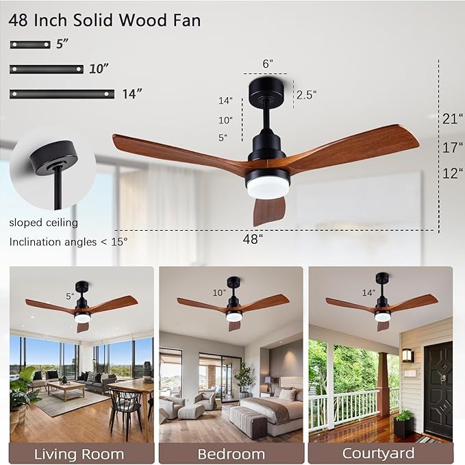 48" Wooden Ceiling Fans with Lighted Remote Control, Indoor Outdoor Wooden Ceiling Fan, Outdoor Modern Ceiling Fan with 3 Fan Blades for Patio, Living Room, Farmhouse, etc (Black + Walnut)