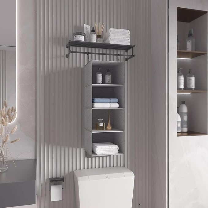 Hanging Closet Organizer, Easy Mount Collapsible 4-Shelf Camper Closet Wardrobe Hanging Storage Shelves, Folded Clothes Towels Handbag Shoes Accessories Storage, Linen Cloth, Gray