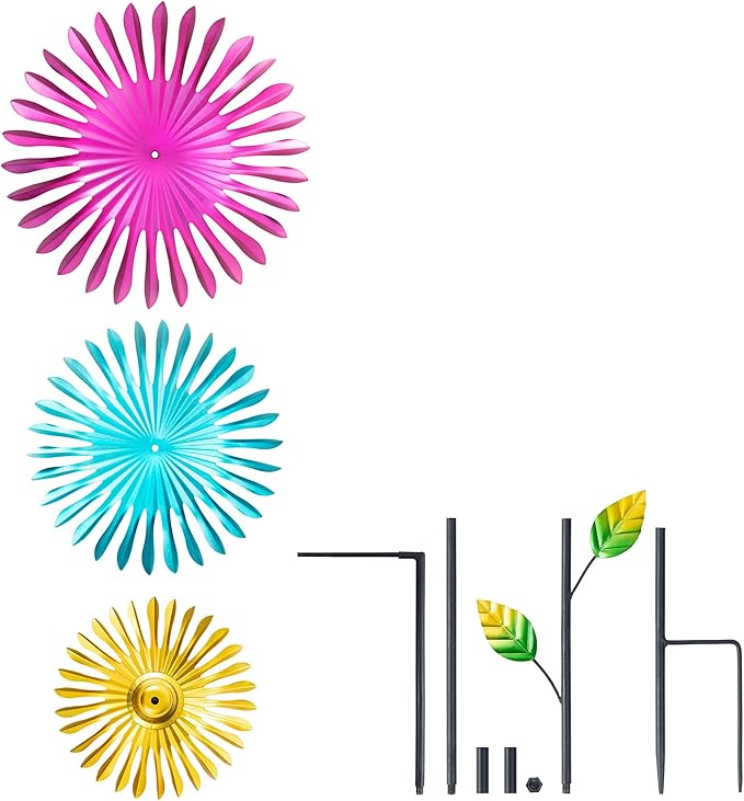 Alpine Corporation 47" Tall Outdoor Metal Windmill Triple Spinner Garden Stake Yard Decoration, Daisy