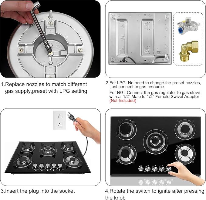 30 Inch Gas Cooktop with 5 Burners,Built-in Tempered Glass Stove Top, LPG/NG Convertible,35,900 BTU, Flame-Out Protection, Electric Ignition,Propane & Natural Gas Hob for Kitchen & RV