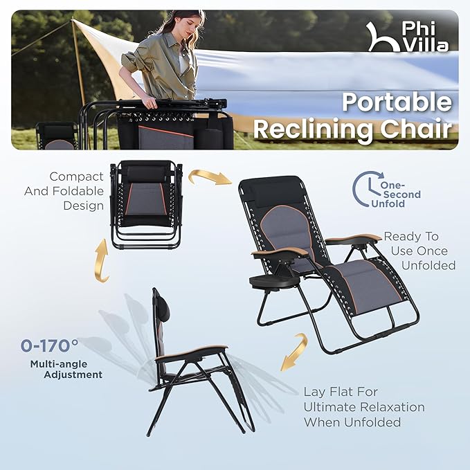 PHI VILLA XXL Oversized Padded Zero Gravity Chair, Foldable Patio Recliner, 30" Wide Seat Anti Gravity Lounger with Cup Holder, Support 400 LBS (Black & Orange Accents)