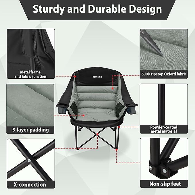 Oversized Camping Chair, Portable Folding Camping Chairs with Side Pocket, Cup Holder and Carry Bag, Heavy Duty Outdoor Camping Chairs for Adults, Fishing, Sports, Trip, up to 400lbs, Style 4