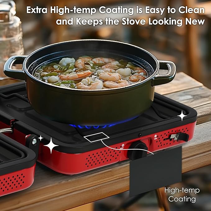 2 Burner Camping Stove with Carrying Bag, Foldable Propane Camp Stove with 17,200 BTU for Camping, Outdoor Cooking, Portable Gas Stove with Adjustable Burner for Tailgating, Backyard BBQ,Red