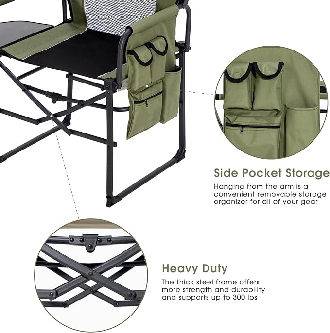 Wide Folding Director Chair with Table, Outdoor Camping Chair for Adults with Cup Holder Load 330 Lbs, Portable Lightweight Chair for Outside with Carry Bag for Patio, Green-2Pack