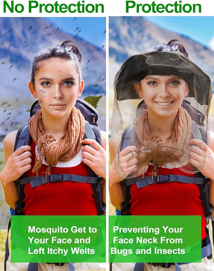 Wohohoho Mosquito Mesh Head Net with Drawstring, Face Netting for Hats & Men/Women - Beekeeper Net Mask Protection for Midge, Bugs & Gnats (2 Packs, Khaki) BIG NET