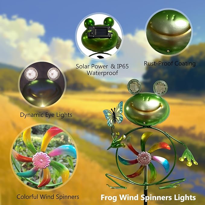 Frog Garden Decor Wind Spinners Outdoor, Garden Solar Lights Decorative Wind Sculpture Spinner Windmills for Patio Pathway Lawn Ornaments, Christmas Outdoor Frog Decor Gifts for Women Mom.