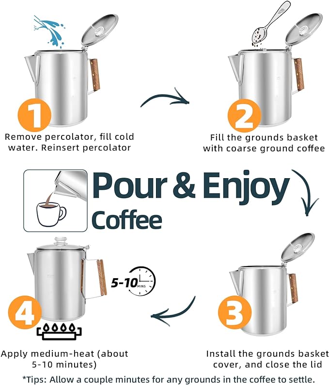 MEREZA Camping Coffee Pot Stovetop Coffee Maker Percolator Campfire Coffee Pot Stainless Steel Coffee Pot Camping Outdoors Home 9 Cup No Aluminum & Plastic Fast Brew