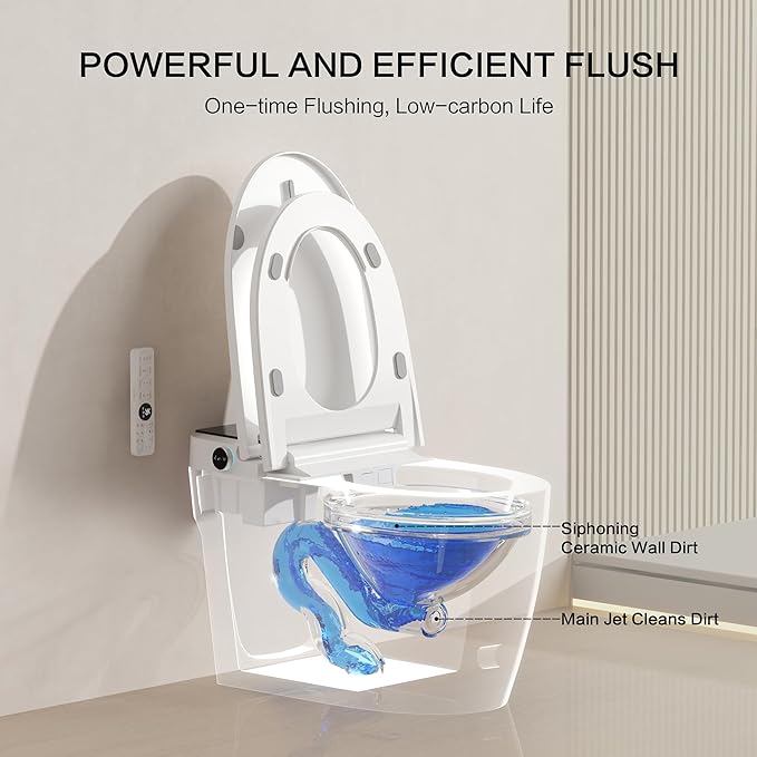 Smart Toilet with Built-In Bidet, Heated Seat, Dual Auto Flush, Warm Water & Dry Function, Tankless Design, Foot Sensor, Modern Elongated Electric, LED Display and Night Light, Wireless Remote Control