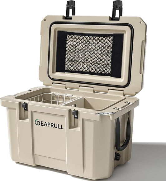 Hard Cooler, Insulated Ice Chest Box Holds Ice for More Days, Portable Cooler with Handle, Cup Holders, Double Latches for Camping Drink, Beach, Picnic, Fishing, Boat, Barbecue