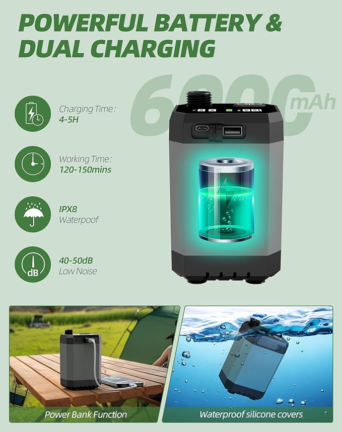 Portable Shower for Camping - 6000mAh Rechargeable Outdoor Camp Shower Pump with IPX8 Waterproof, LED Display & 4 Spray Modes for Travel, Pet, Car Wash