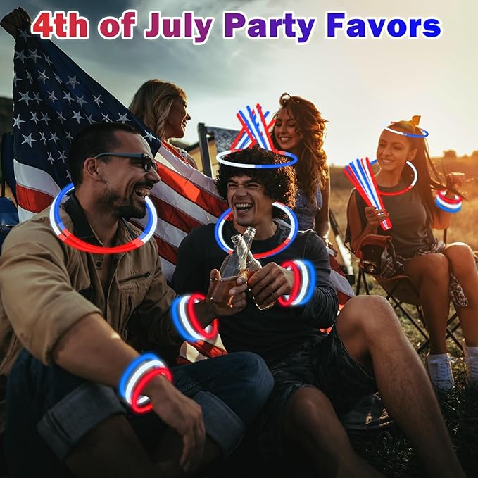 Wondrus Bulk Parade Throws Party Favors Supplies 360 PCS, Red White Blue Glow Sticks Toys Gifts, Neon Bracelets Necklaces USA Accessories for Kids Adults, Patriotic Decorations for Labor Veterans Day